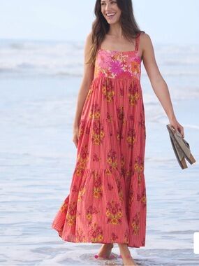 Natural Life Patricia Maxi Dress Jaipur Stripe Pink Floral Size S